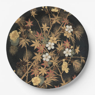 Antike japanische schwarze Gold-Herbst-Blumen-Kuns Pappteller