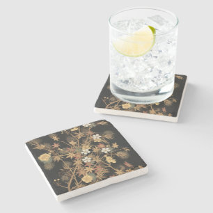 Antike japanische schwarze Gold-Herbst-Blumen-Kuns Steinuntersetzer