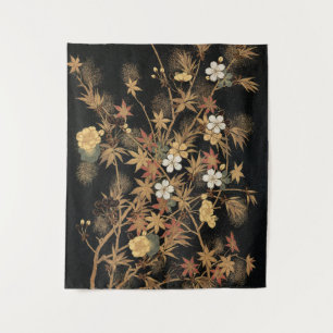 Antike japanische schwarze Gold-Herbst-Blumen-Kuns Wandteppich