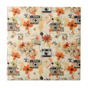 Antike Kamera Florale Orange Senf Ephemera Fliese