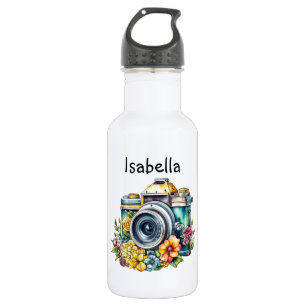 Antike Kamera mit hübschen Blumen Aquarell Edelstahlflasche