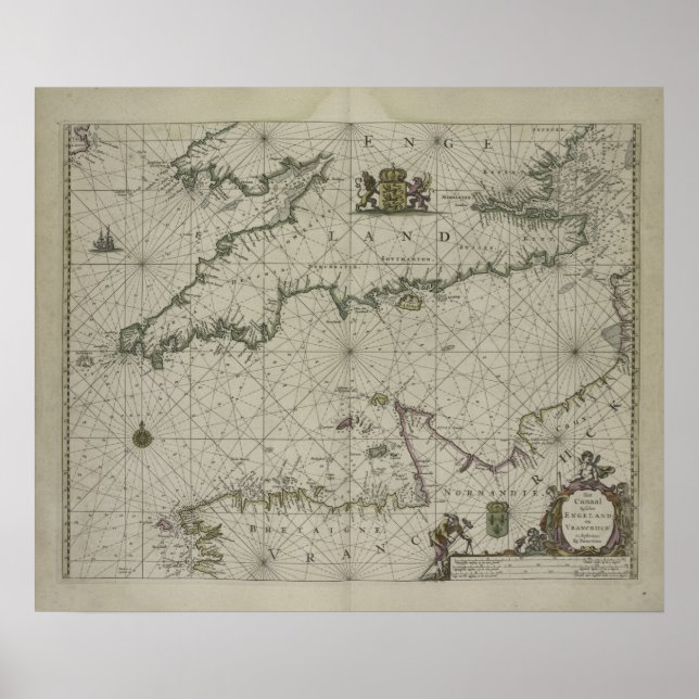 Antike Karte des Kanals, 1666 (Farbengravur) Poster (Vorne)