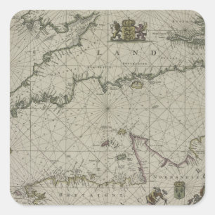 Antike Karte des Kanals, 1666 (Farbengravur) Quadratischer Aufkleber