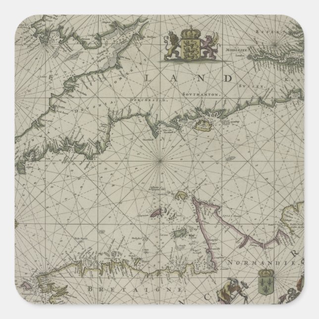 Antike Karte des Kanals, 1666 (Farbengravur) Quadratischer Aufkleber (Vorderseite)