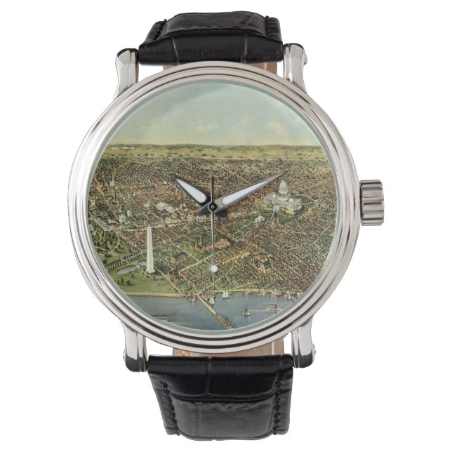 Antike Karte mit Panoramablick auf Washington DC Armbanduhr (Vorderseite)