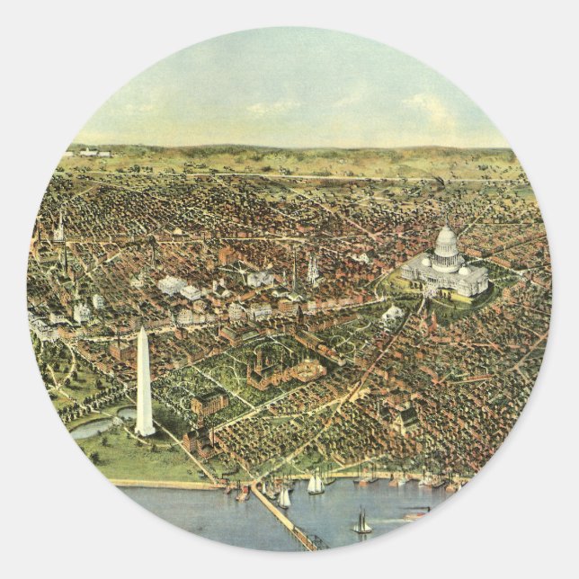 Antike Karte mit Panoramablick auf Washington DC Runder Aufkleber (Vorderseite)