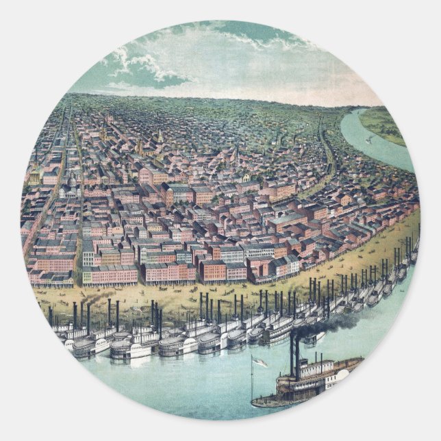 Antike Karte Saint Louis Missouri Mississippi Flus Runder Aufkleber (Vorderseite)