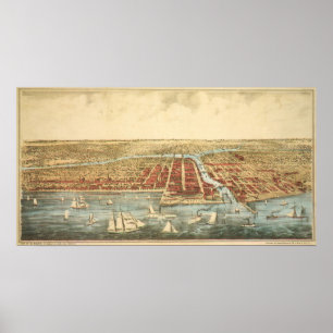 Antike Karte von Chicago, LaSalle Street und Fluss Poster