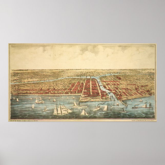 Antike Karte von Chicago, LaSalle Street und Fluss Poster (Vorne)