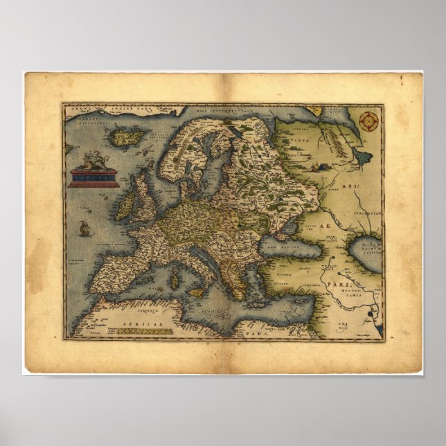 Antike Karte von Europa ORTELIUS ATLAS 1570 A.D. Poster (Vorne)