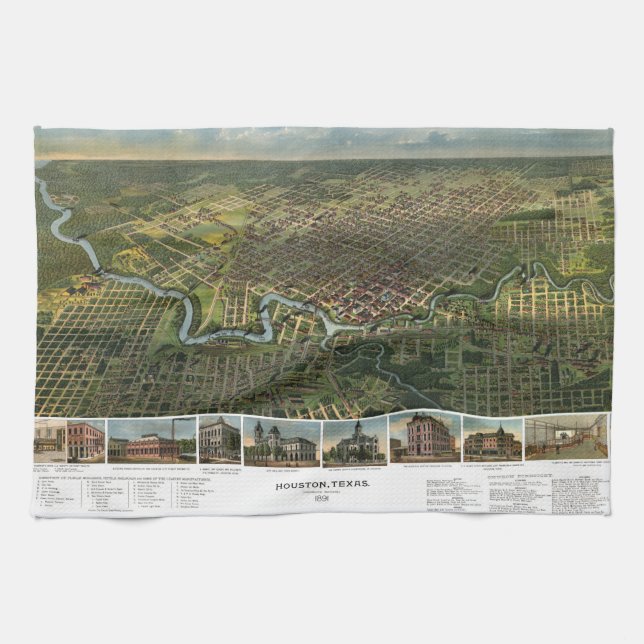 Antike Karte von Houston, Texas mit Fluss Buffalo Geschirrtuch (Horizontal)