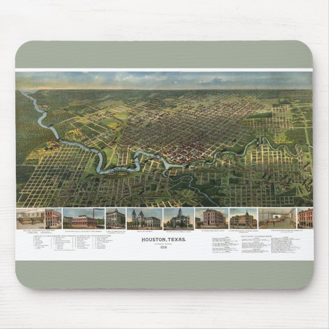 Antike Karte von Houston, Texas mit Fluss Buffalo Mousepad (Vorne)