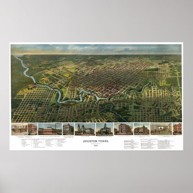 Antike Karte von Houston, Texas mit Fluss Buffalo Poster (Vorne)