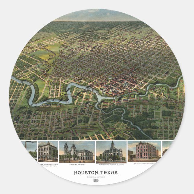 Antike Karte von Houston, Texas mit Fluss Buffalo Runder Aufkleber (Vorderseite)