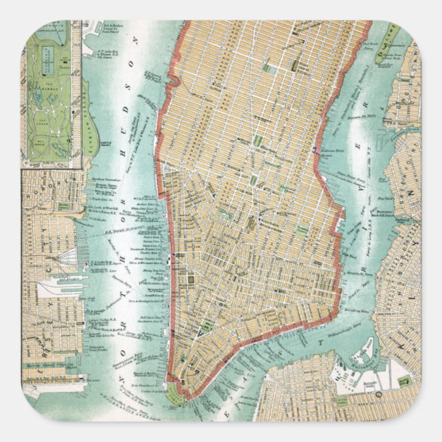 Antike Karte von Lower Manhattan und Central Park Quadratischer Aufkleber (Vorderseite)