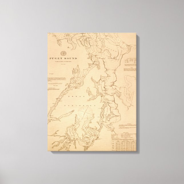 Antike Karte von Puget Sound Leinwanddruck (Vorderseite)