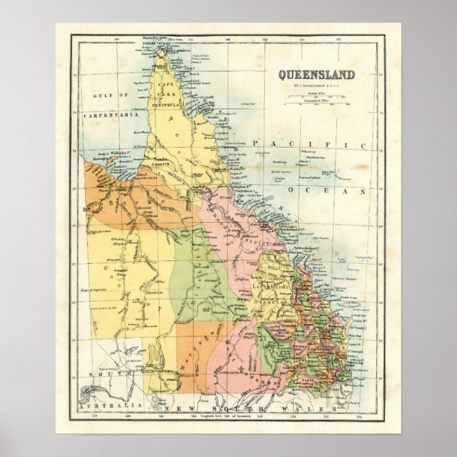 Antike Karte von Queensland Australien Poster (Vorne)