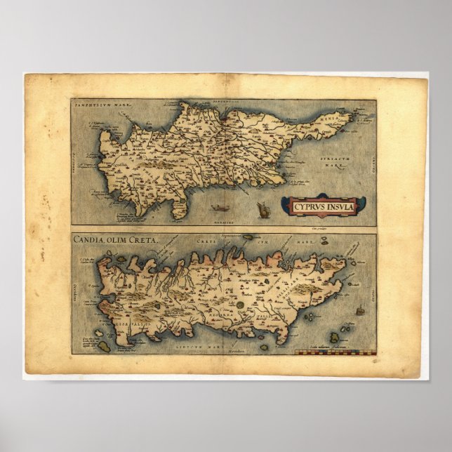 Antike Karte von Zypern ORTELIUS ATLAS 1570 A.D. Poster (Vorne)