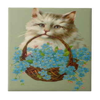 Antike Katze hält Blumenkorb Fliese
