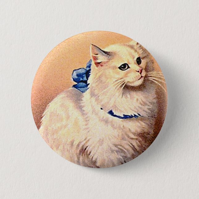Antike Katze mit blauem Schleif Button (Vorderseite)