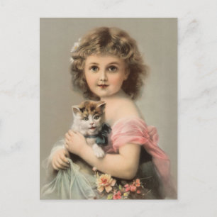 Antike Katze und Mädchen Postkarte