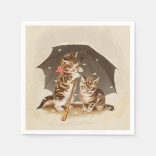 Antike Katzen unter einem Regenschirm Vintage-Katz Serviette