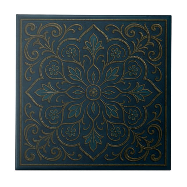 Antike Keramikfliese mit blauer Blumenmusterung (Vorderseite)
