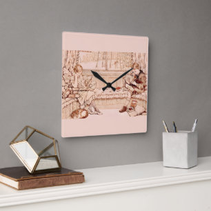 Antike Kinder beim gemütlichen Lesen Illustration Quadratische Wanduhr