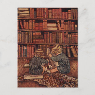 Antike Kinder beim Lesen in der Bibliothek Bücherl Postkarte