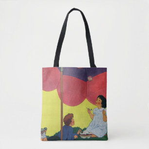 Antike Kinder blasen Seifenblasen unter einem Rege Tasche