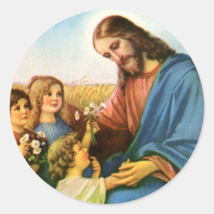 Antike Kinder bringen Jesus Christus Blumen Runder Aufkleber