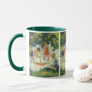 Antike Kinder, die Spielzeugsegelboote auf einem S Tasse