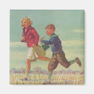 Antike Kinder, die zur Schule laufen und Bücher tr Magnet