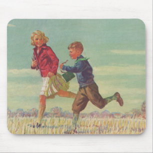 Antike Kinder, die zur Schule laufen und Bücher tr Mousepad