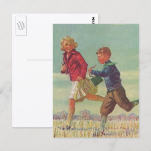 Antike Kinder, die zur Schule laufen und Bücher tr Postkarte