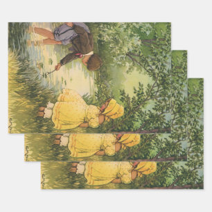 Antike Kinder, Junge und Mädchen spielen am Bach Geschenkpapier Set