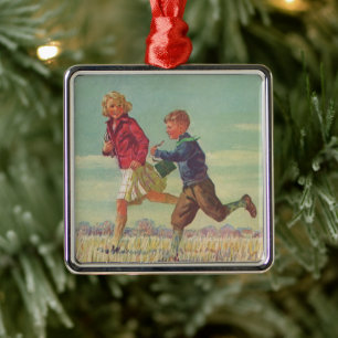 Antike Kinder laufen zur Schule und tragen Bücher Silbernes Ornament