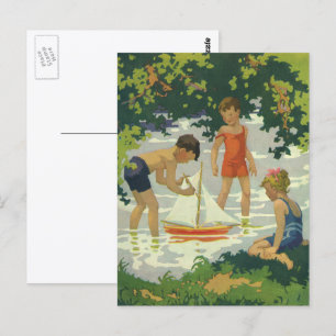 Antike Kinder spielen mit Segelbooten am Sommertei Postkarte