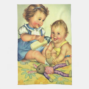 Antike Kinder, süße glückliche Kleinkinder lächeln Geschirrtuch