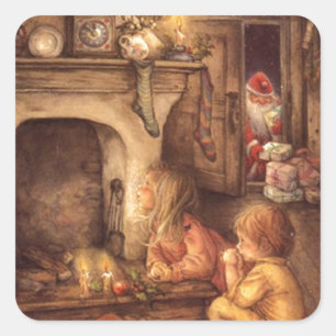 Antike Kinder warten auf den Weihnachtsmann Quadratischer Aufkleber