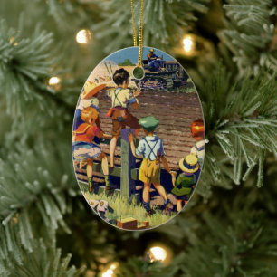 Antike Kinder winken einem lokalen Bauern auf eine Keramikornament