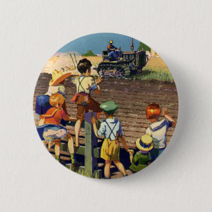 Antike Kinder winken einem örtlichen Bauern auf ei Button
