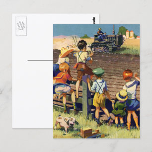 Antike Kinder winken einem örtlichen Bauern auf ei Postkarte