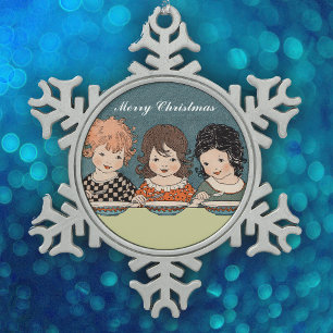 Antike kleine Mädchen essen Suppe Drei Schwestern Schneeflocken Zinn-Ornament