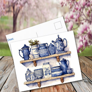 Antike Küchenregal Blaue Weiße Tassen Tee Kaffee Postkarte