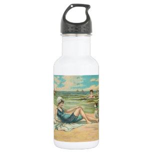 Antike Kunst Strand Mädchen und Hund im viktoriani Edelstahlflasche