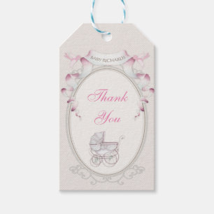 Antike Kutsche Elfenbein Gingham Rosa Vögel Geschenkanhänger