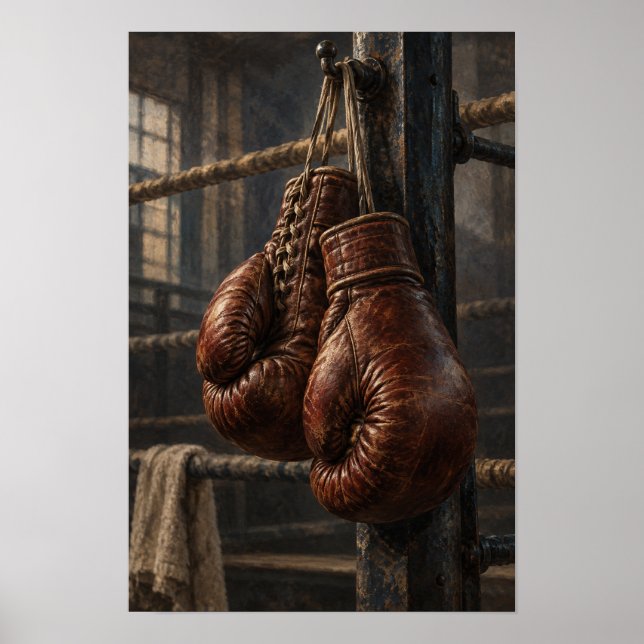 Antike Lederboxhandschuhe Rustikale Boxwand A Poster (Vorne)