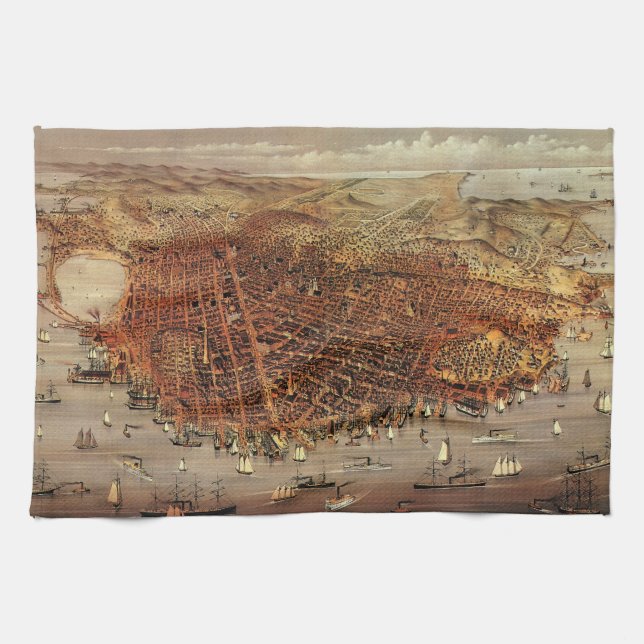 Antike Luftkarte von San Francisco, Kalifornien Handtuch (Horizontal)