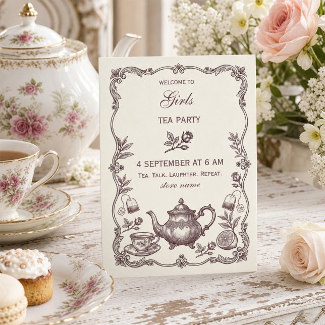 Antike Mädchen-Teeparty Einladung (#TeaParty #VintageTeaParty #GirlsTeaParty #Cottagecore #ShabbyChic #TeaAesthetic#PartyIdeas#Feminine)